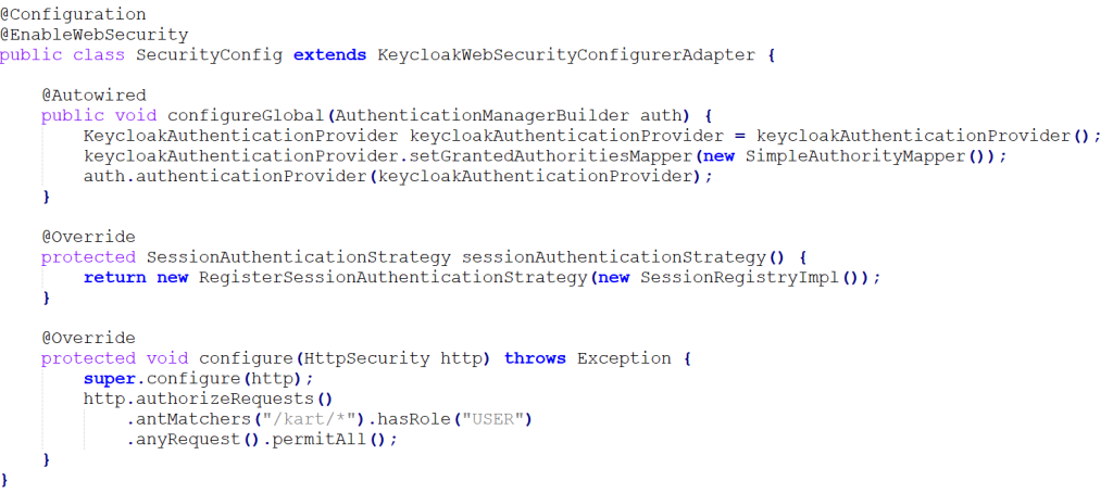 SecurityConfig class configures Spring Security to use Keycloak.