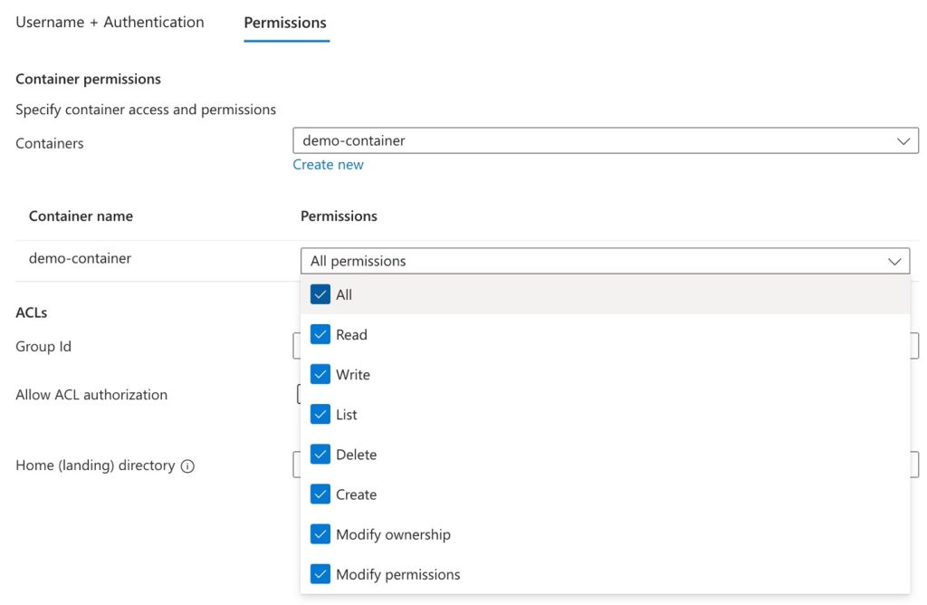 permissions for the container