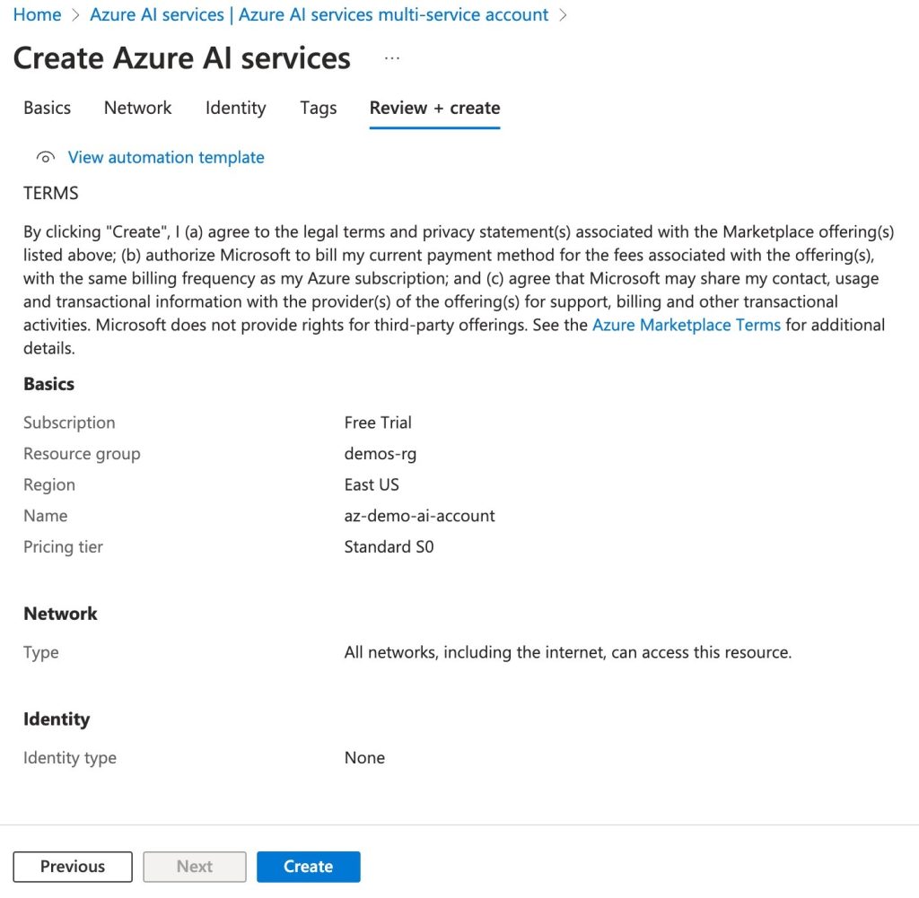 Create Azure AI Services Review Create