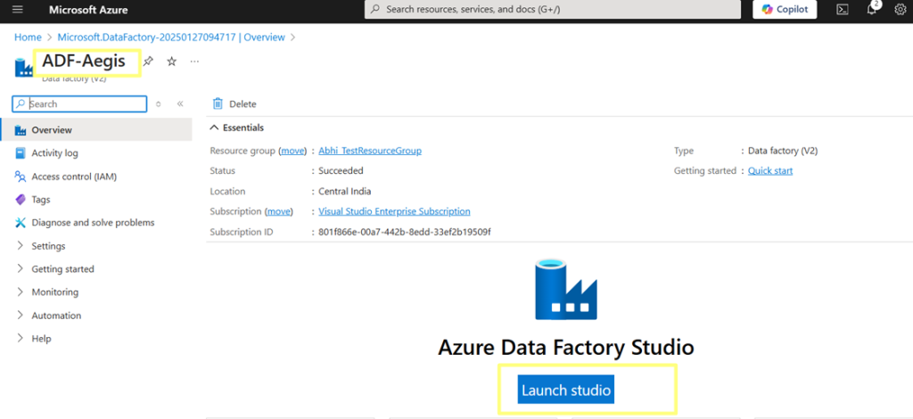 Create Data Factory Resource