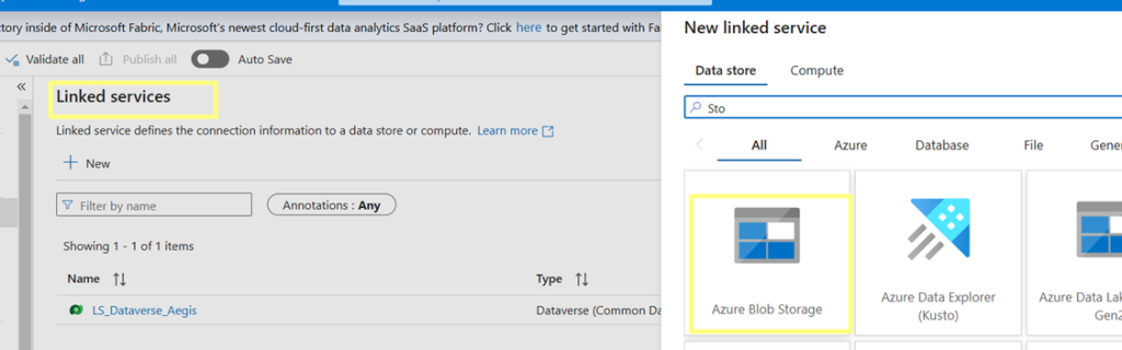 Azure Storage Account New Linked Service